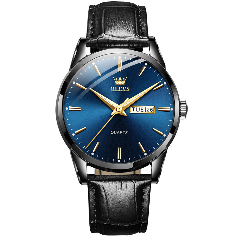 OLEVS Fashionable Men's Quartz Watch Dual Calendar Original Leather Band Waterproof Men Quartz Movement Watch
