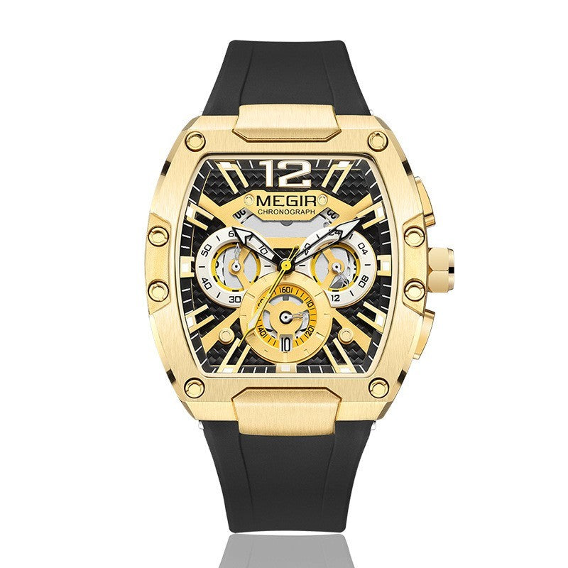 MEGIR Fashion Sport Quartz Watch for Men Waterproof Golden Green Silicone Strap Chronograph Wristwatch
