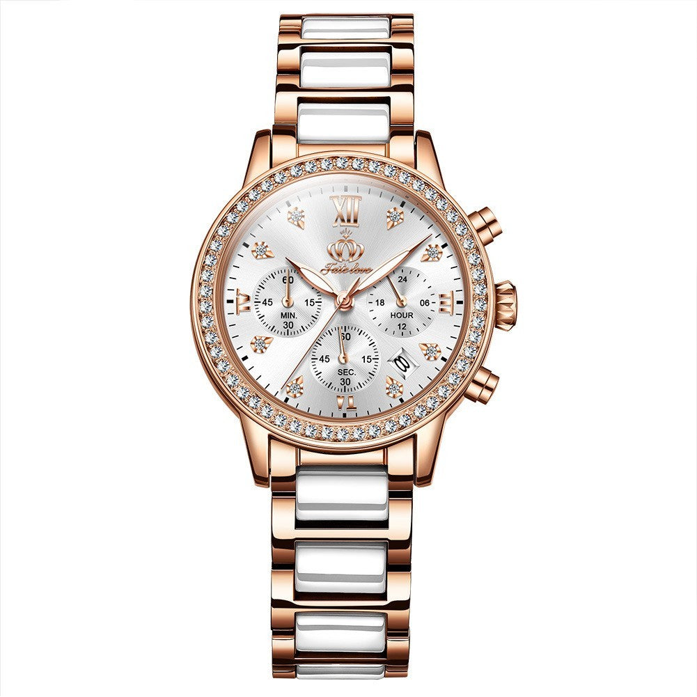 Luxe dameshorloge met quartz chronograaf, strass en handgemaakte polshorloges, waterdichte keramische band, dameshorloges