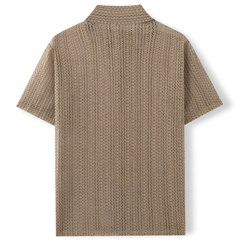 Men's Fashionable Casual Short Sleeve Shirt Knitted High Quality Polyester Vintage Men's Luxury Plain v Neck Slim Shirt