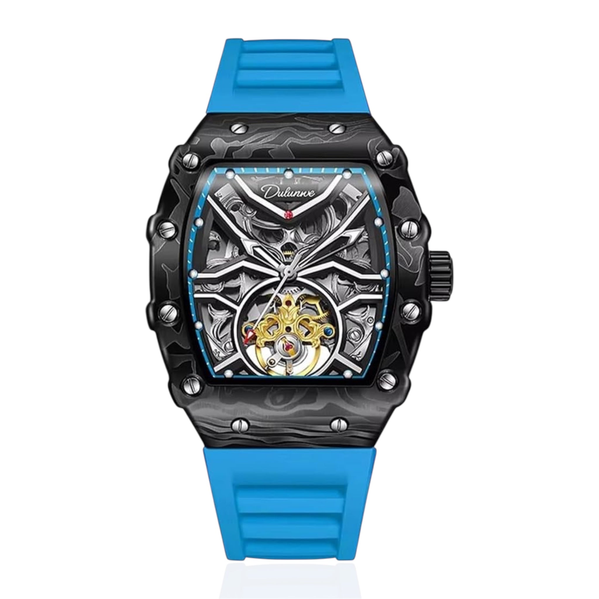 Orologi sportivi Dulunwe Fashion Skeleton Flywheel per uomo, orologio meccanico automatico di lusso, orologio da polso luminoso