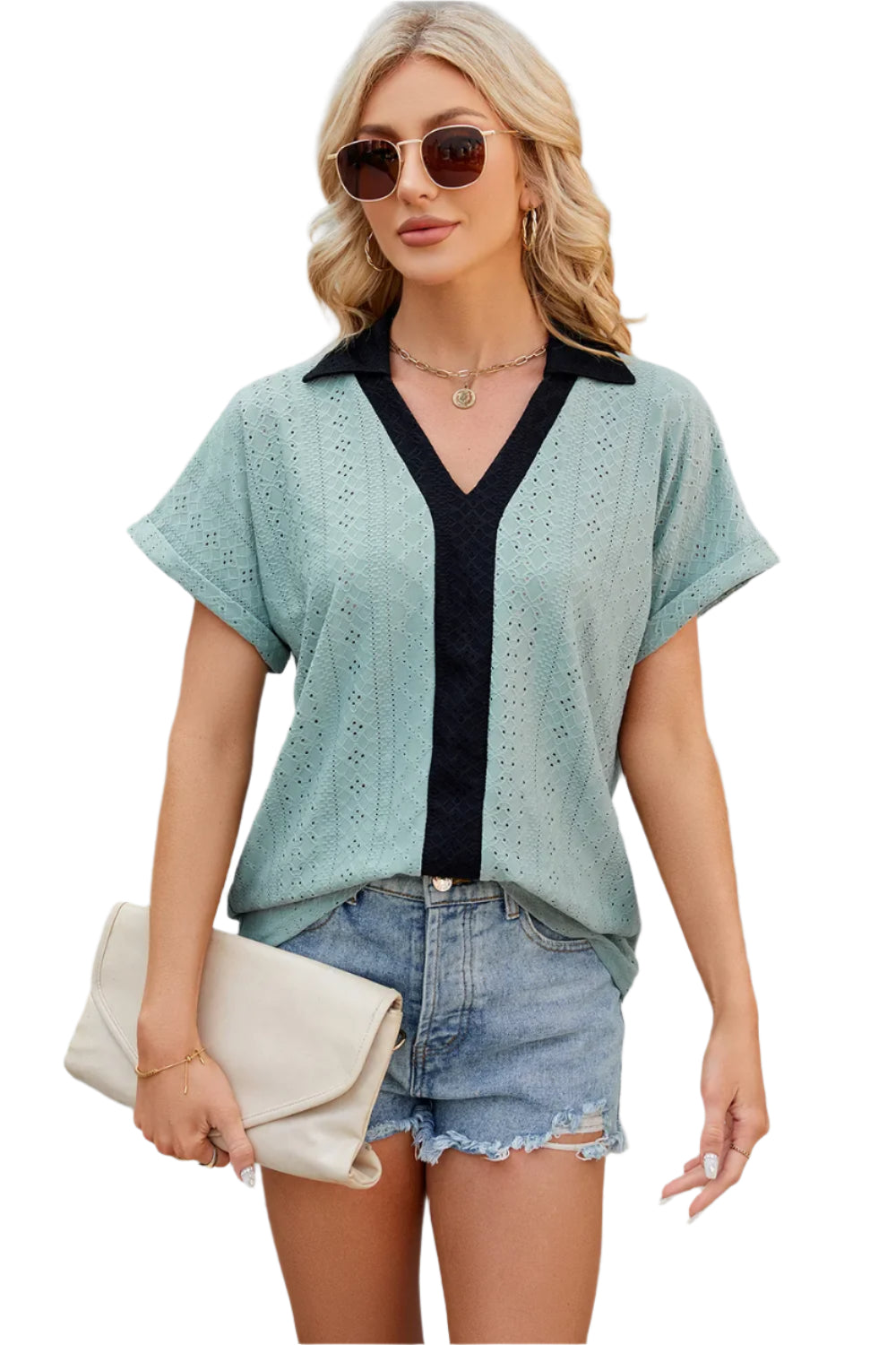 V-hals contrasterende korte mouwen losse T-shirt top voor dames