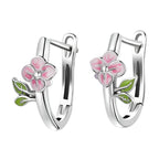 S925 Sterling Silver Spring Cherry Blossom Ear Studs Flower Green Leaf Earrings
