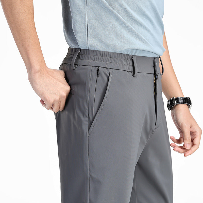 Men's Fashionable Casual Formal Pants Ice Silk Elastic Solid Color Zip Placket Mid Waist Leisure Men's Casual Pants - Acquisti Online