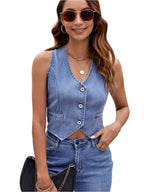 Dames denim top met V-hals en knoopjes, mouwloos