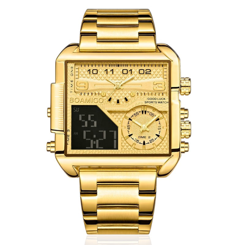 BOAMIGO Luxury Fashion Men's Watche Gold Stainless Steel Sport Square Digital Analog Big Quartz Man Watch - Acquisti Online