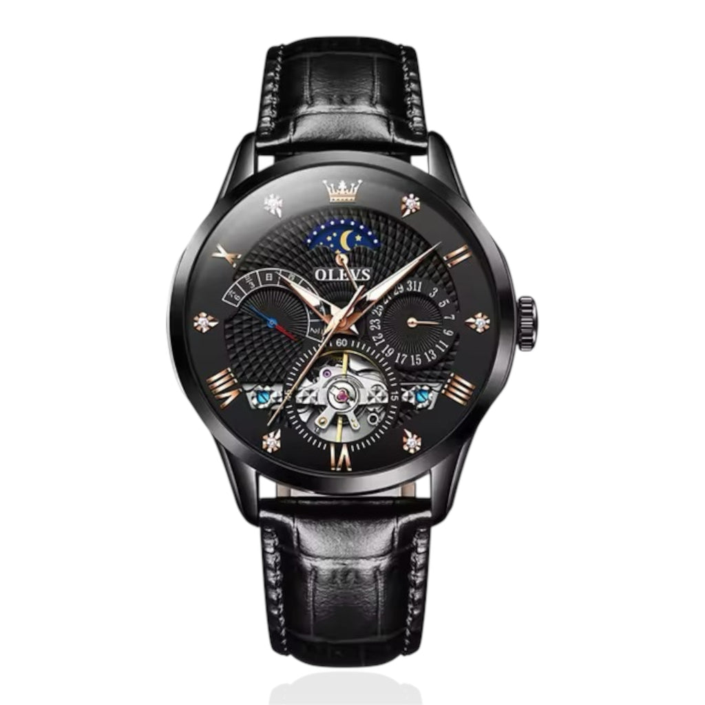 OLEVS Men's Watch Luxury Mechanical Wristwatch Men Leather Strap Waterproof Luminous Double Calendar Hollow Flywheel Automatic Mechanical Watch