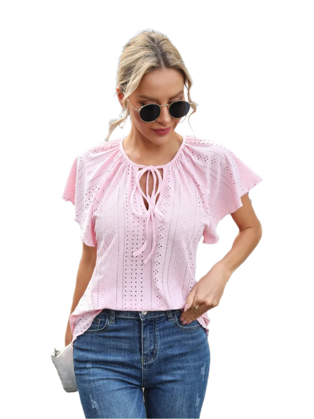 Blouse met oogjes en strik aan de hals en fladdermouwen voor dames