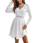 Elegant Women's Solid Color Lace Patchwork Mini Holiday Dress