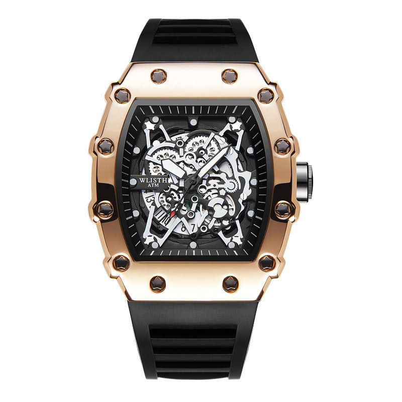 Men's Luxury Skeleton Watch Gear Carving Design Rectangle Tonneau Large Dial Retro Gorgeous Sports Quartz Wristwatch Luminous Men's Watch
