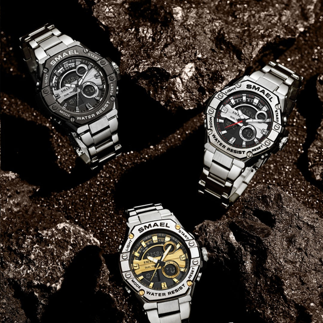 SMAEL Orologio elettronico al quarzo con cinturino in acciaio inossidabile, sveglia, orologio sportivo alla moda, orologio con doppio fuso orario