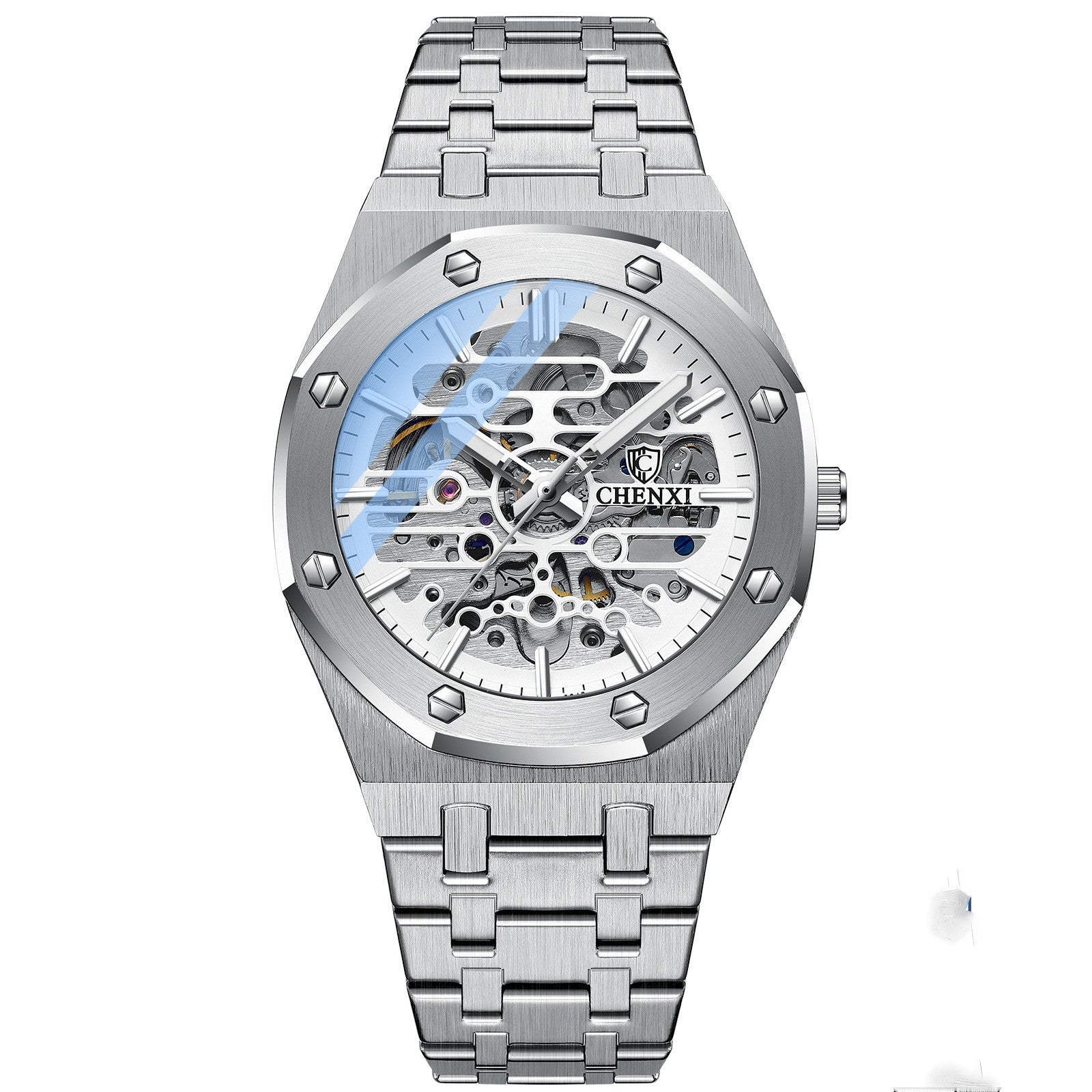 Orologi da polso meccanici automatici da uomo con lancette luminose e cinturino in acciaio inossidabile, quadrante scheletrato