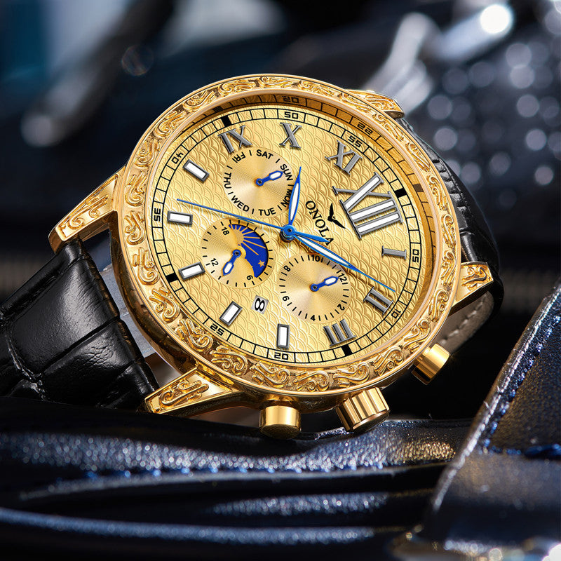 ONOLA 6834 Luxury Man Gold Color Leather Band Watch - Acquisti Online