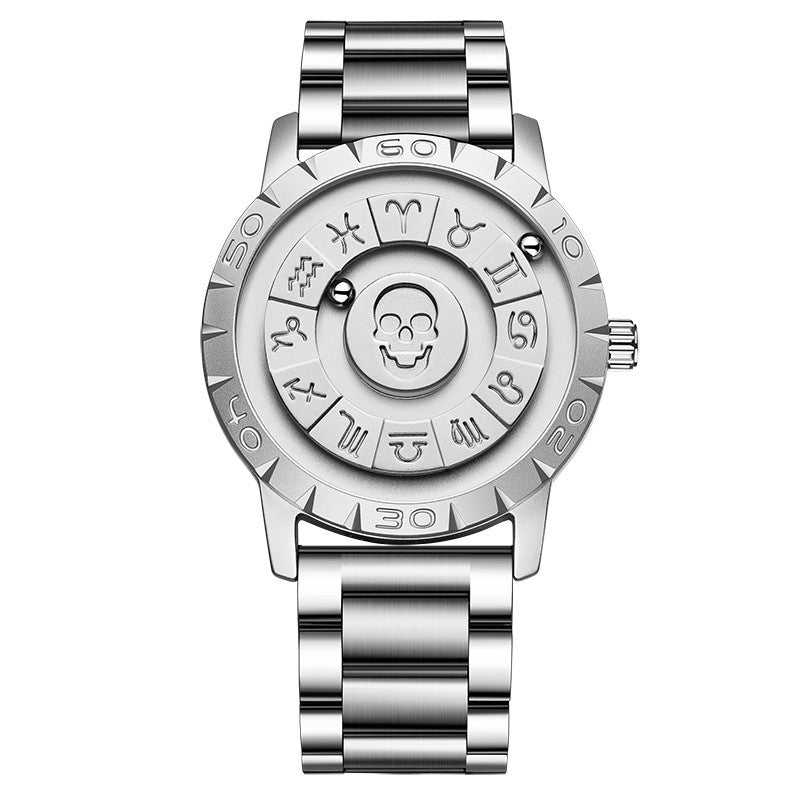 FOXBOX-Men's Magnetic Quartz Wristwatch Creative Scroll Pointer Genuine Leather Watch