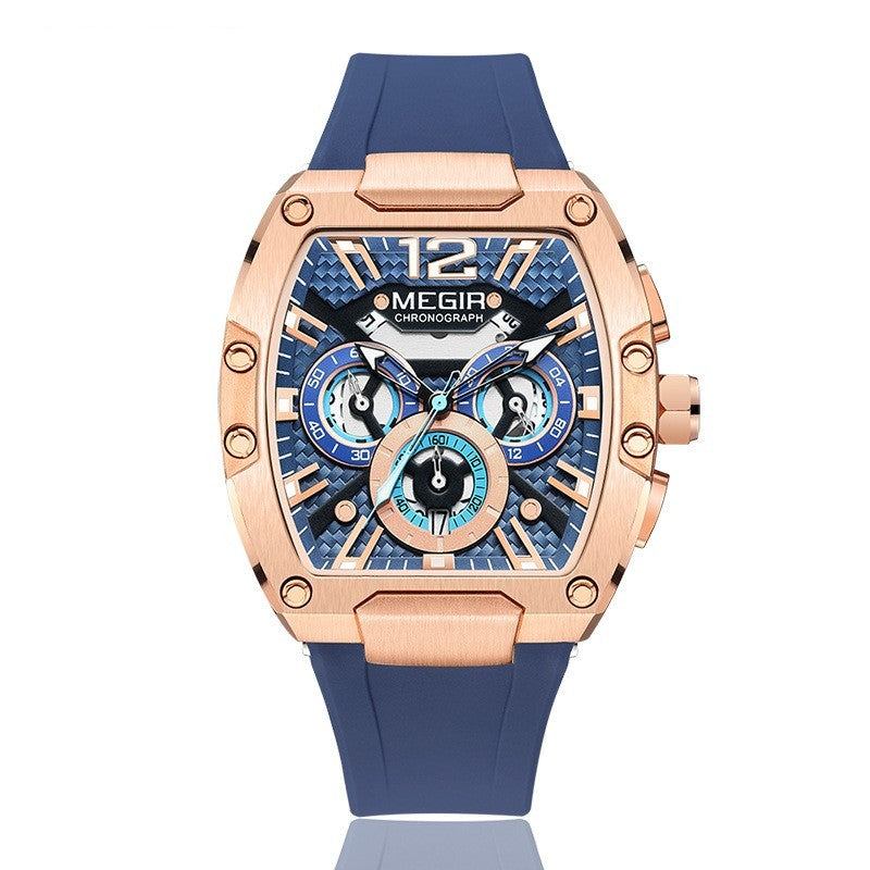 MEGIR Fashion Sport Quartz Watch for Men Waterproof Golden Green Silicone Strap Chronograph Wristwatch