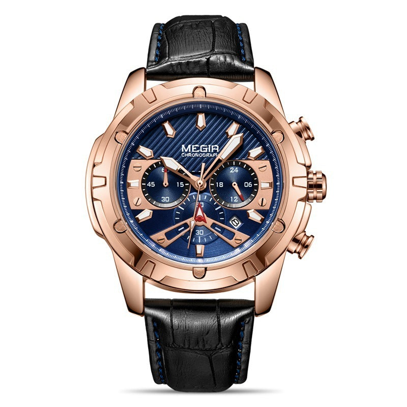 Heren quartzhorloge waterdicht multifunctionele chronograaf lichtgevend leren horloge