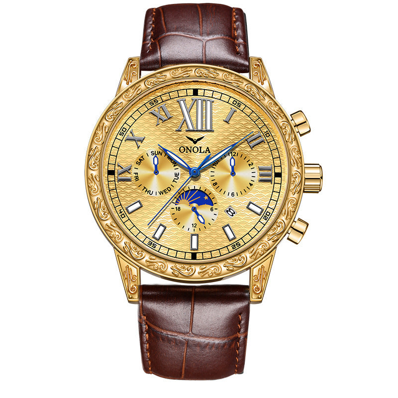 Orologio da uomo ONOLA di lusso, automatico, in oro, con movimento meccanico, luminoso, impermeabile 30 m, cinturino in pelle