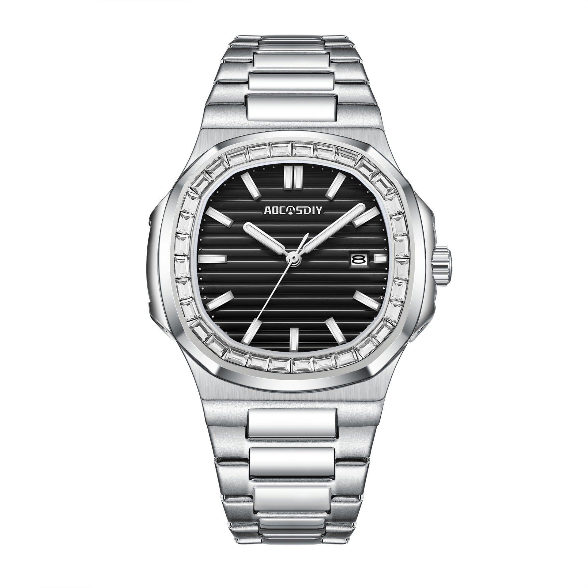 AOCASDIY Top Luxury Brand Fashion New Men's Waterproof Watch with Super Luminous Square Diamond Quartz Watch Full Steel Belt Watch