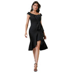 Dames off-the-shoulder V-hals geplooide geplooide taille splitjurk