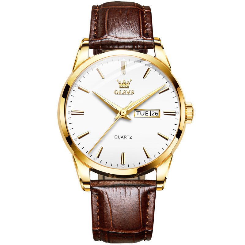 OLEVS Fashionable Men's Quartz Watch Dual Calendar Original Leather Band Waterproof Men Quartz Movement Watch