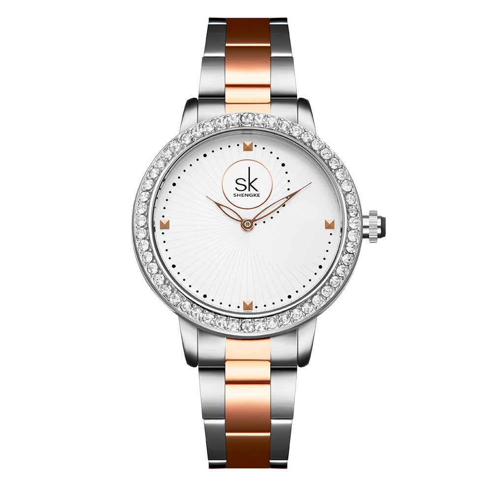 SHENGKE SK Women Luxury Watch Stainless Steel Band Fashionable Watches Woman Wrist Japan Movement Quartz Watch