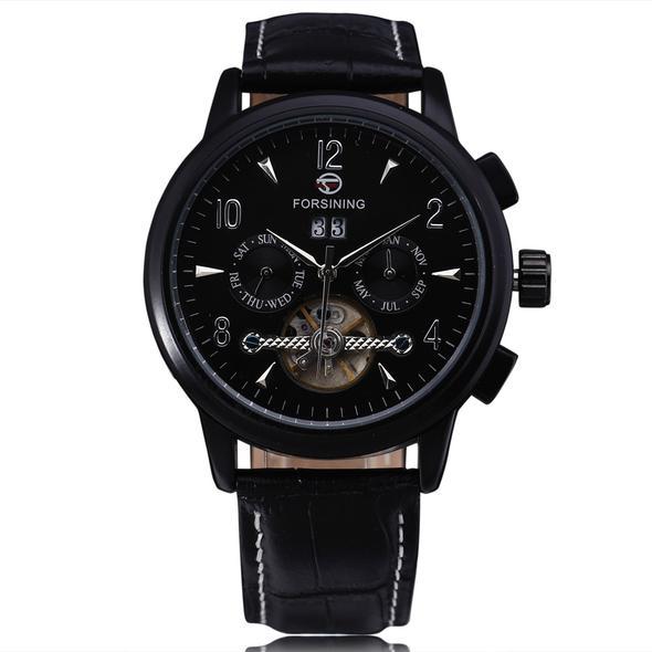 Orologio meccanico Forsining da uomo con tourbillon automatico, calendario giornaliero e cinturino in pelle 