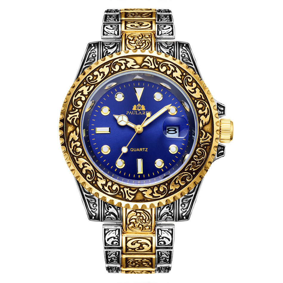 Paulares Men Quartz Movement Watch Carved Water Ghost Calendar Luminous Men's Watch - Acquisti Online