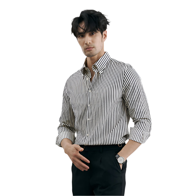 Camicia casual da uomo alla moda, stile business, formale, tinta unita, in poliestere, stile cardigan verticale, a righe, camicia casual da uomo