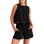 Damesset Zomer Mouwloze Tops en Shorts met Trekkoord Modepak 2-delig