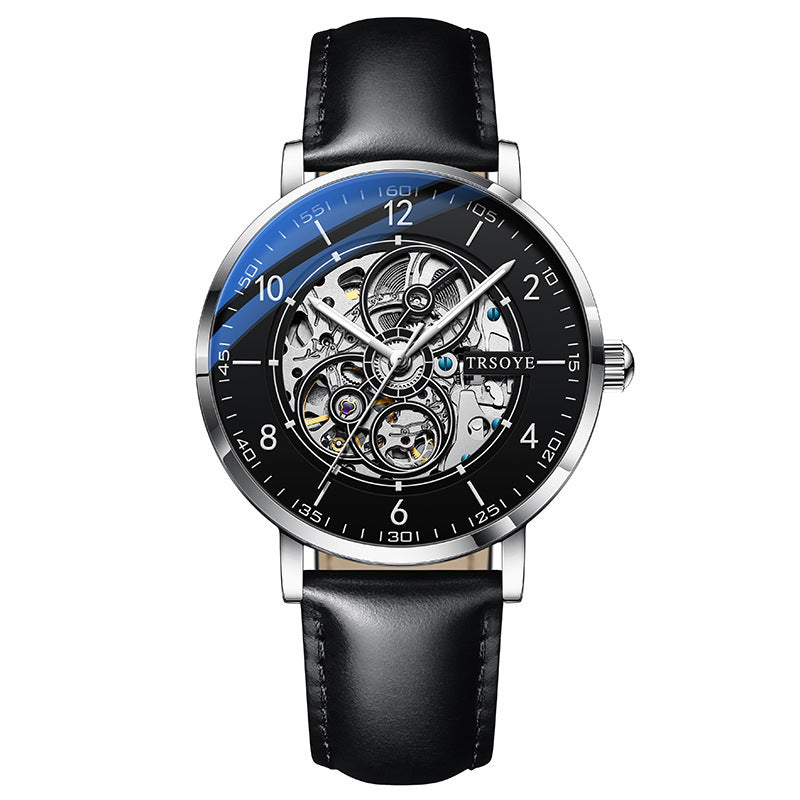 Orologio da uomo automatico TRSOYE di lusso alla moda con cinturino in pelle nera traforata, autentico e leggero