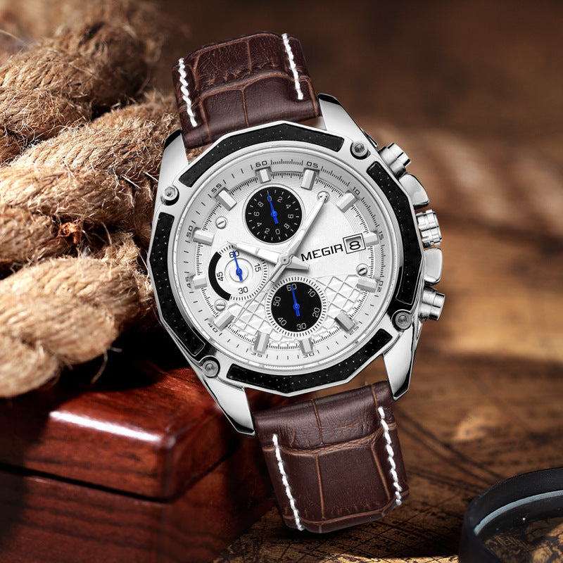 MEGIR Men's Analog Quartz Watch Fashion Military Pilot Multifunction Leather Chronograph Watch, Light Waterproof Casual Business Office Work Sport Sport Watch Multi-functional Sports Men's Watch - Acquisti Online