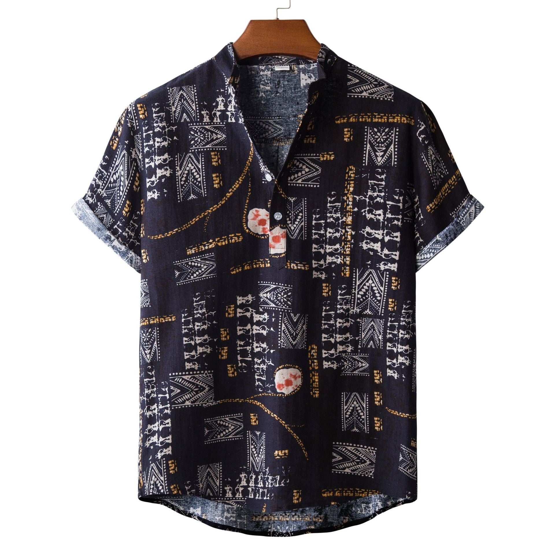 Men's Fashionable Casual Shirt Solid Color Vintage Ethnic Print Short Sleeve Lapel Collar Button Men's Casual Shirt