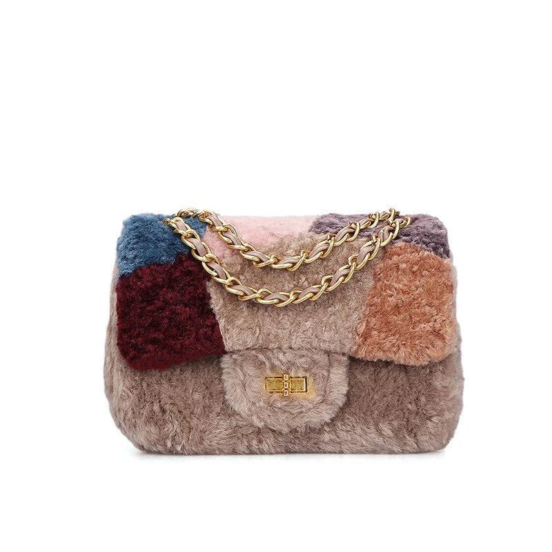 Women's Fashionable Faux Wool Shoulder Messenger Crossbody Handbag for Ladies Combination Color Women's Shoulder Bag