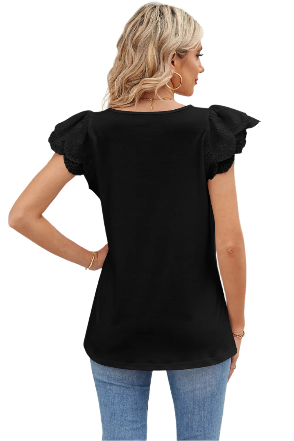 Effen T-shirt met korte mouwen en kanten patchwork, vierkante kraag en bloemblaadjesmotief voor dames