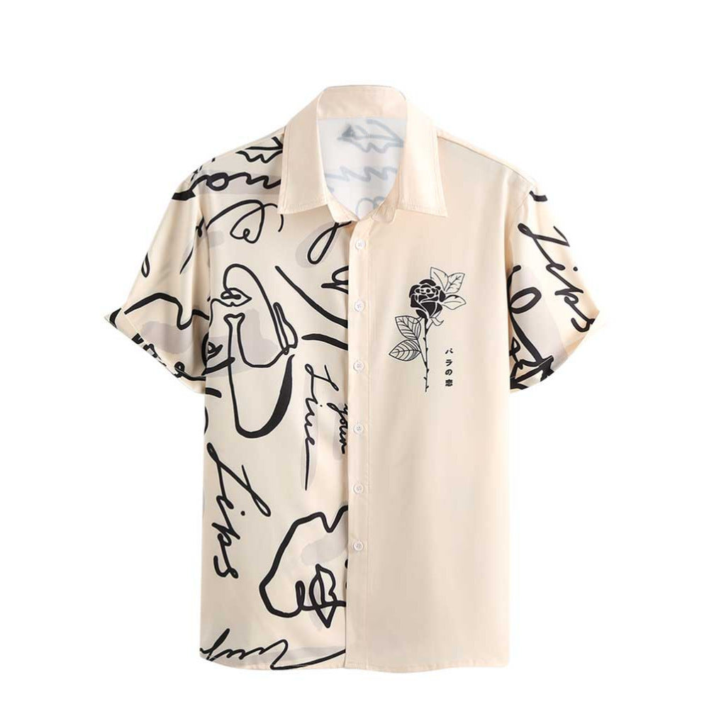 Men's Fashionable Casual Shirt Solid Color Floral 3D Printed Polyester Fiber Shirt Floral-Print Hawaiian Men's Casual Shirt