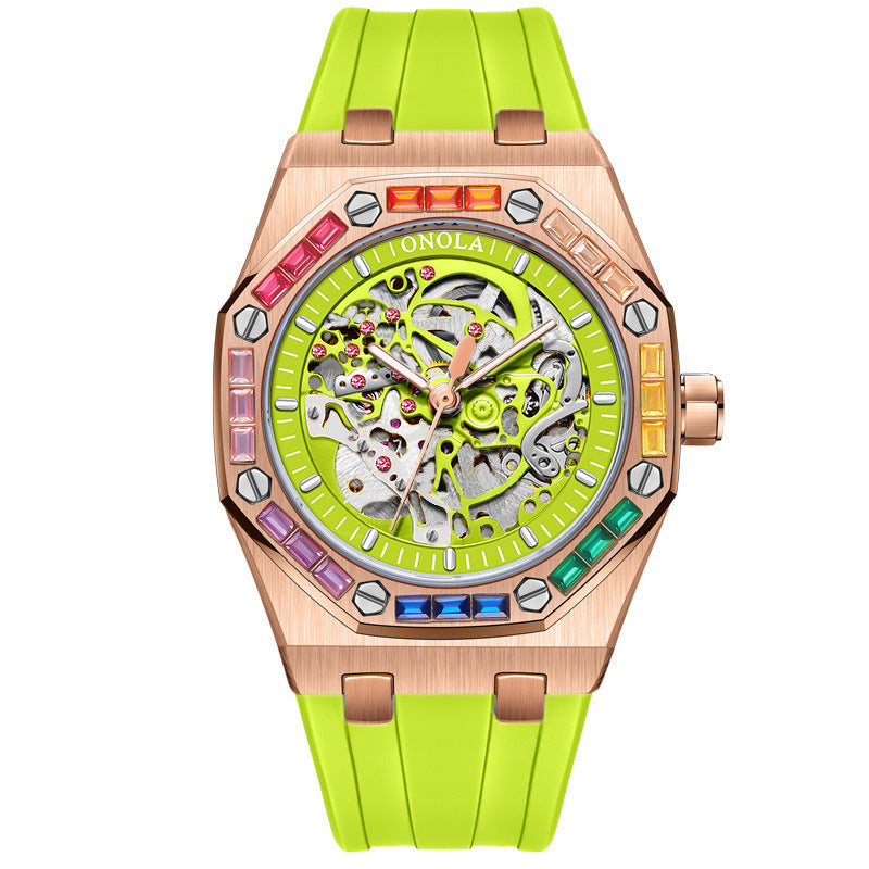 Orologio meccanico automatico da uomo con cinturino in silicone e diamanti arcobaleno