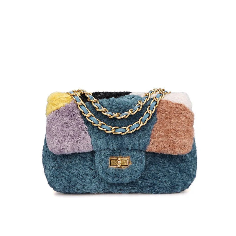 Women's Fashionable Faux Wool Shoulder Messenger Crossbody Handbag for Ladies Combination Color Women's Shoulder Bag