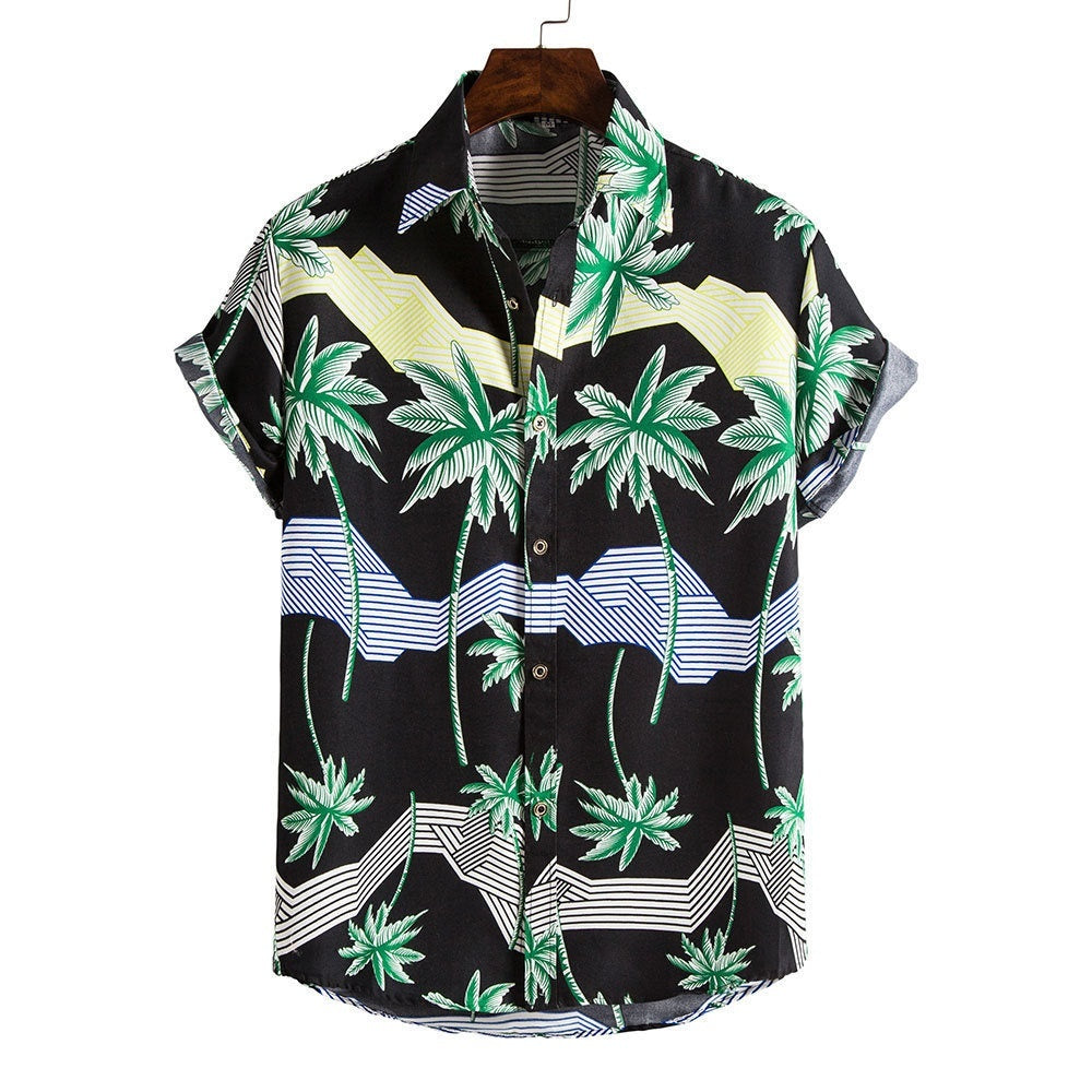 Men's Fashionable Casual Shirt Stripes/Tree Printed Short Sleeve Turn-down Collar Slim Hawaiian Men's Casual Shirt