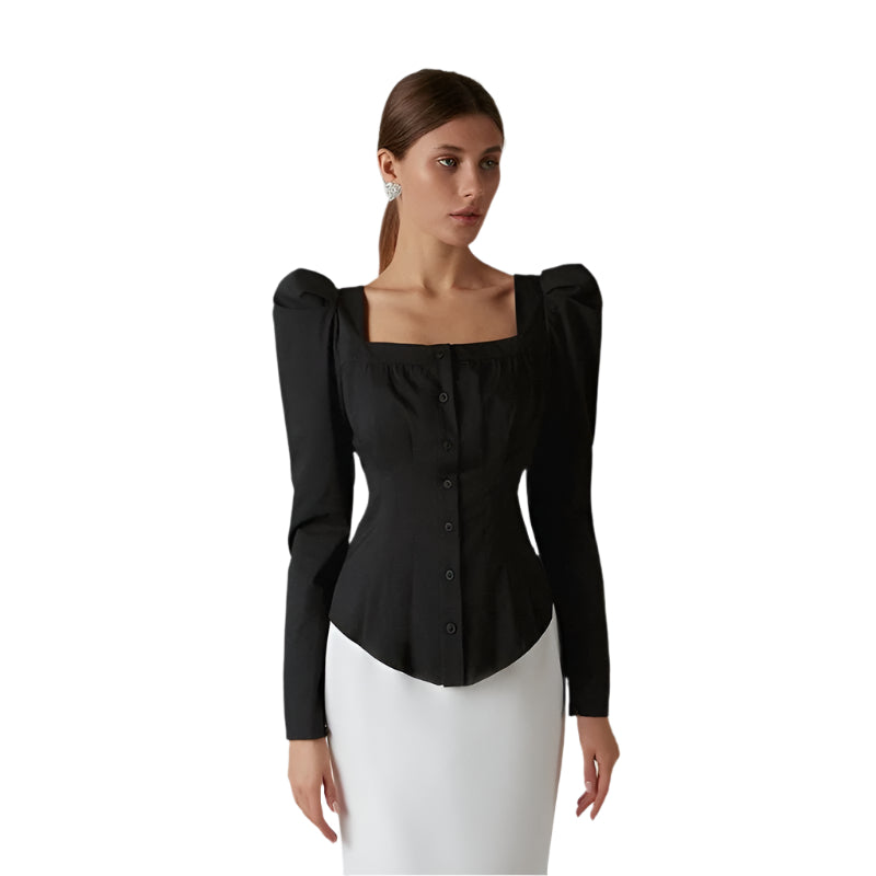 Women's Fashionable Casual Puff sleeve single breasted Long Sleeve Square Collar Stylish Dress Fashion Women's Shirt