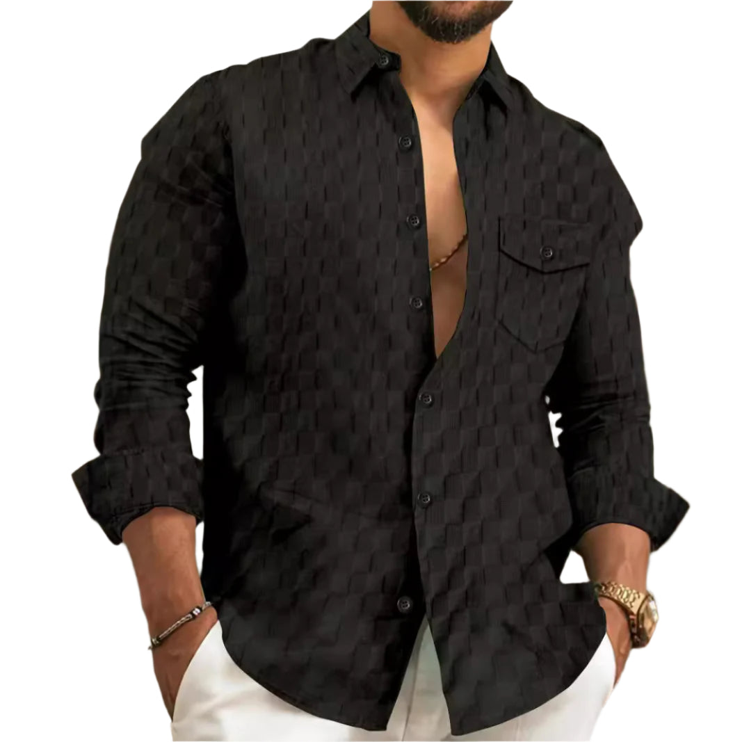 Heren geruit jacquard borstzak revers lange mouwen revers overhemd
