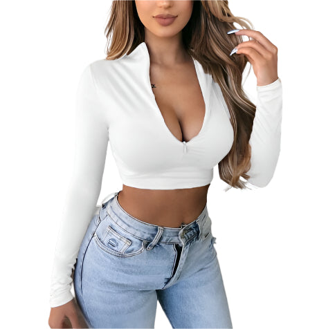 Dames Top Rits Sexy Slim T-shirt Lange Mouw Basis Shirt