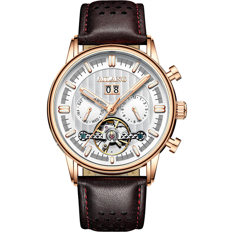AILANG Fashion New Business Tourbillon Men's Wristwatches Waterproof Luminous Rose Gold Case Leather Men's Mechanical Watch