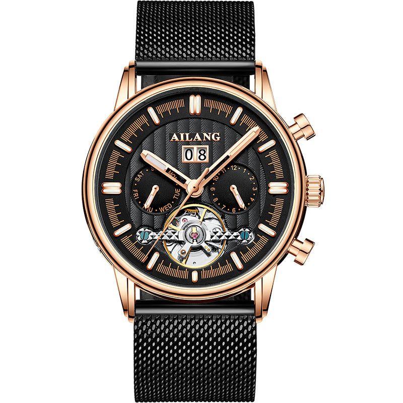 AILANG Fashion New Business Tourbillon Men's Wristwatches Waterproof Luminous Rose Gold Case Leather Men's Mechanical Watch