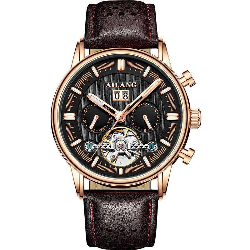 AILANG Fashion New Business Tourbillon Men's Wristwatches Waterproof Luminous Rose Gold Case Leather Men's Mechanical Watch
