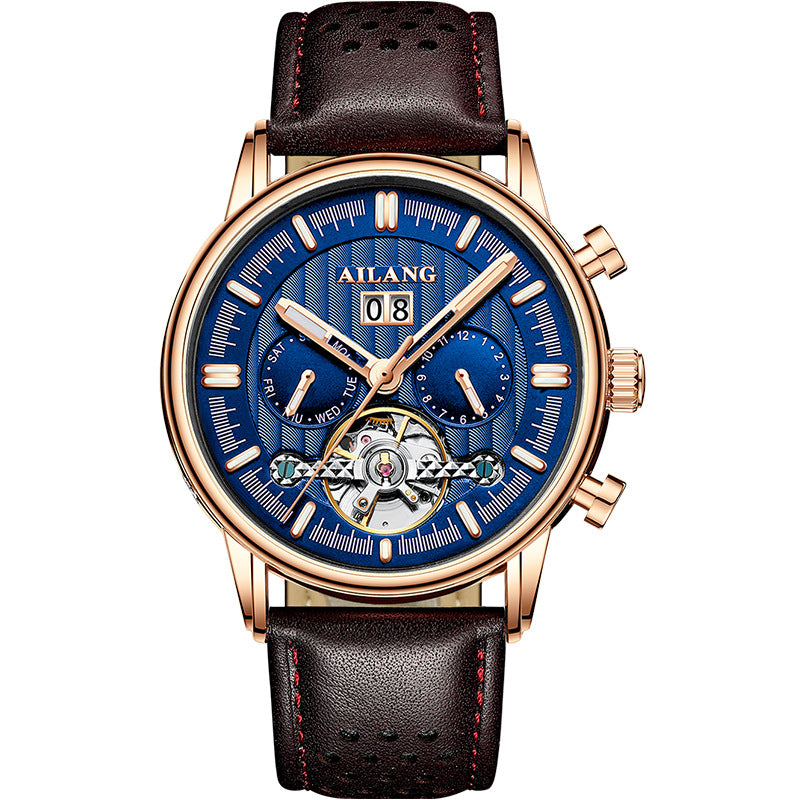 AILANG Fashion New Business Tourbillon Men's Wristwatches Waterproof Luminous Rose Gold Case Leather Men's Mechanical Watch