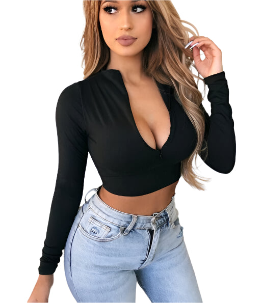 Dames Top Rits Sexy Slim T-shirt Lange Mouw Basis Shirt