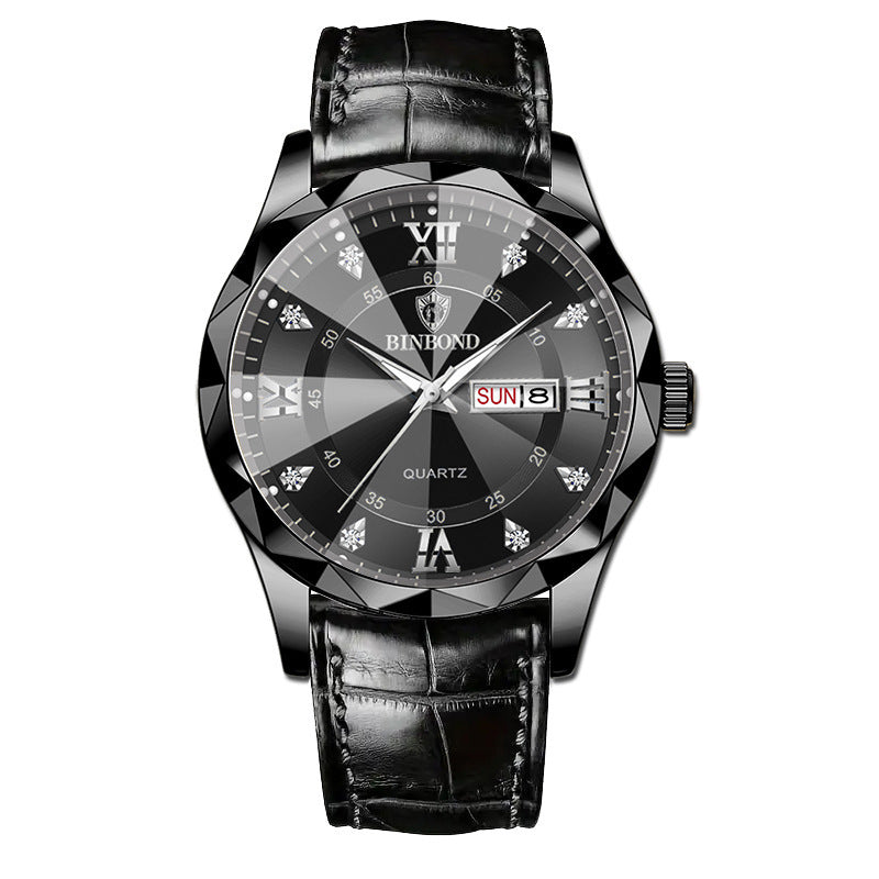 BINBOND Top Brand Luxury Fashion Men's Quartz Watch Waterproof Week Date Watch Men's Sports Watch Stainless Steel Quartz Wristwatch Genuine Leather Men's Waterproof Leisure watch