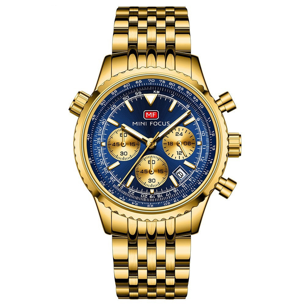 MINI FOCUS Men Multifunction Chronograph Calendar Luminous Business Quartz Watch