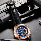 Heren quartzhorloge waterdicht multifunctionele chronograaf lichtgevend leren horloge
