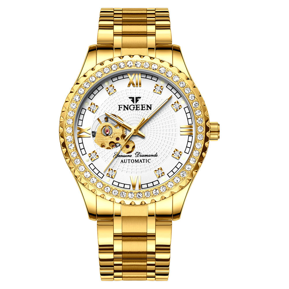 FNGEEN Explosion Automatic Double Sided Hollow Luminous Stainless Steel Strap Diamond Inlaid Men Mechanical Watch